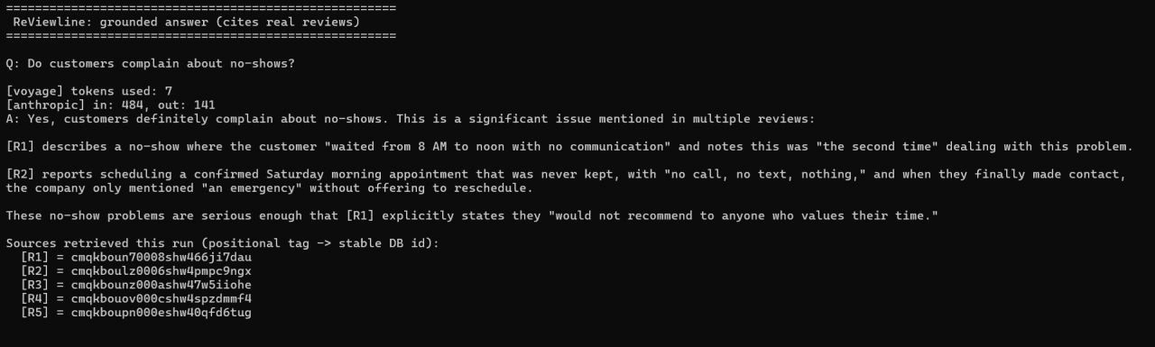 ReViewline grounded answer citing real customer reviews