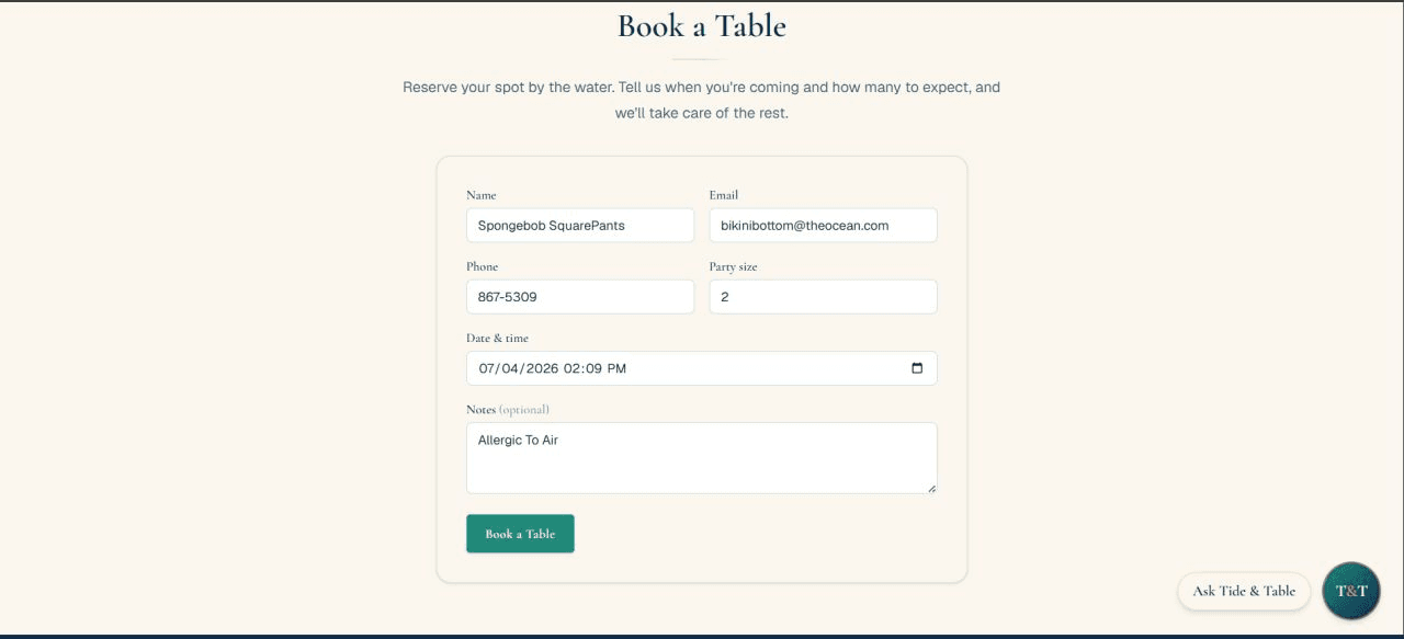 Tide & Table reservation booking form