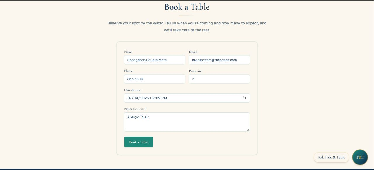 Tide & Table reservation booking form